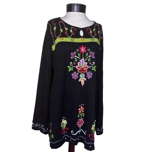 Storybook Knits (Fiesta) Black Tunic with Colorful Floral Embroidery size 1X